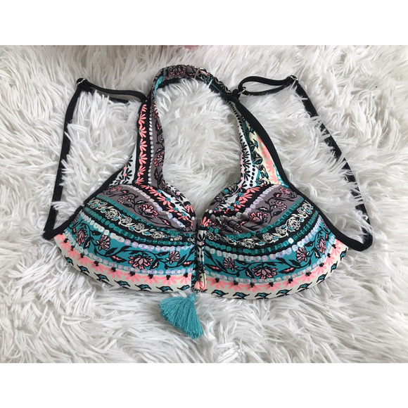 VGT Catalina S/CH (3-5) black SEQUINED Green push-up underwire bandeau top swim - Picture 2 of 6